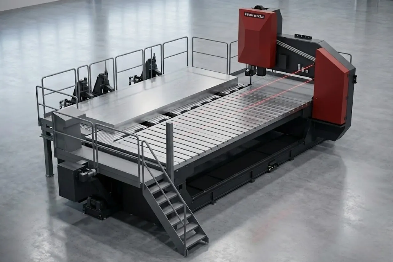 Heineda VH2 vacuum heat treatment furnace with roller conveyor bed and operator safety platform