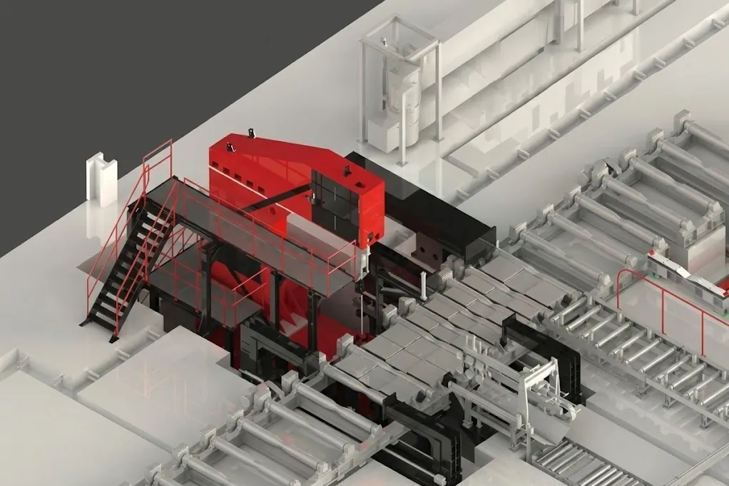 Heineda vacuum heat treatment furnace 3D rendering showing roller conveyor and operator access platform