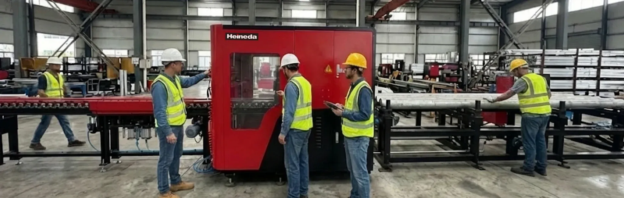 Heineda C6 industrial band saw machine in operation with workers processing large metal bar in factory