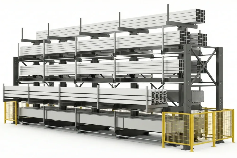 Heineda automated profile storage system with multi-level cantilever racks for aluminum extrusion bars and metal profiles
