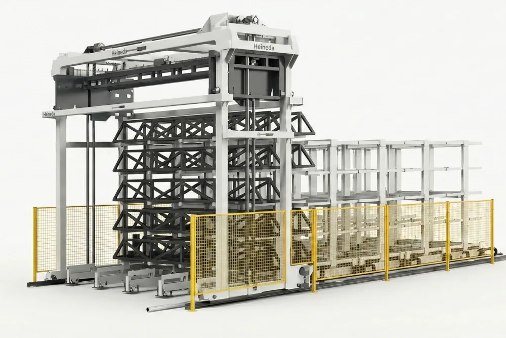 Heineda automated profile loading and unloading system with gantry crane, multi-tier storage racks and yellow safety fencing